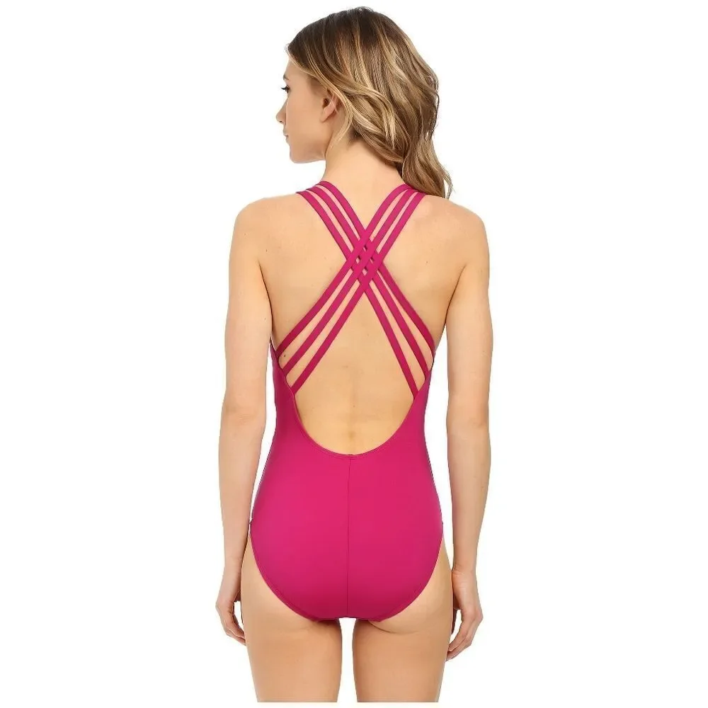 New! LA BLANCA Cross-Back One-Piece Pink Swimsuit Bathing Suit Tummy Control